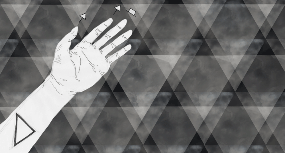 Greyscale animation of a drawing of an arm with a triangle tattoo in front of a shifting background of clouds and triangles