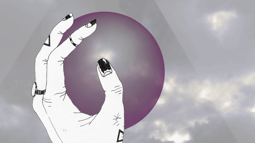Animation of a hand with mystical tattoos holding a purple circle in front of grey clouds and a triangle. A small triangle with another small triangle with two arms inside it floats out of the hand and into the circle.
