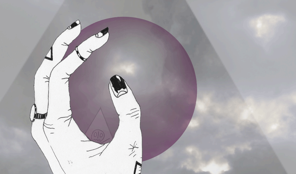Animation of a hand with mystical tattoos holding a purple circle in front of grey clouds and a triangle. A small triangle with a face and an X underneath inside it floats out of the hand and into the circle.