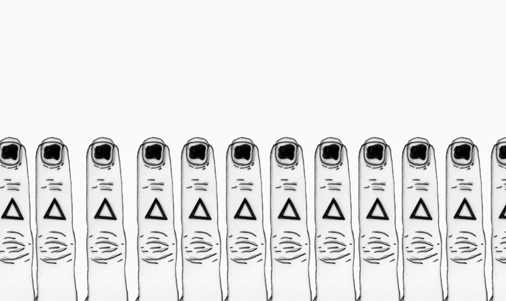 Greyscale animation of a row of fingers pointing up with splotchy black nail varnish and a triangle tattoo. They are jostling each other