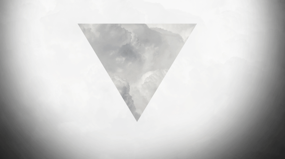 Greyscale animation of an inverted triangle filled wiht a photo of clouds with the words 'FREE MILK FOR THE GOLDEN AGE' in gloopy dripping text appearing over the top