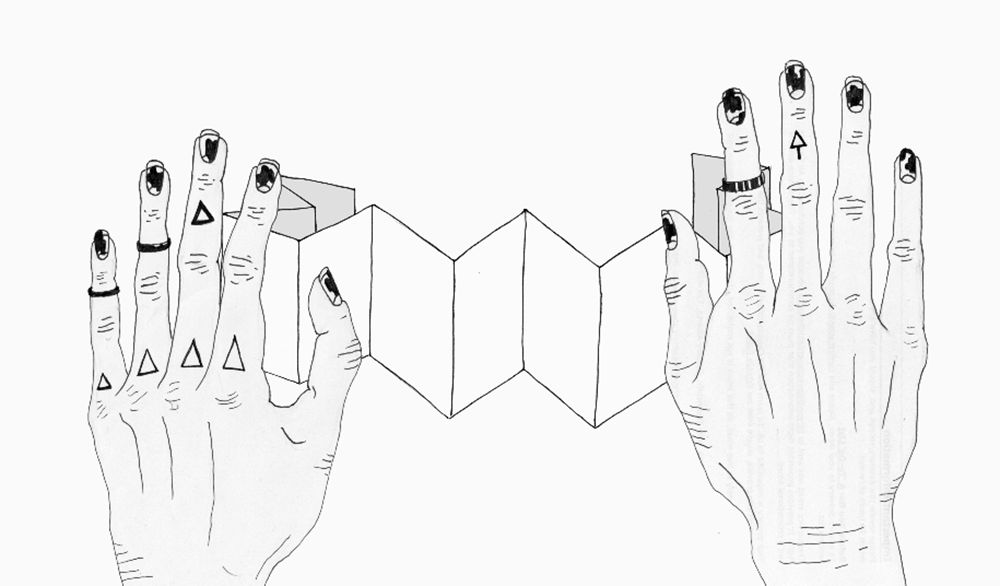 Greyscale animation of two illustrated and gnarled, mystical looking hands moving over a static concertina of blank paper