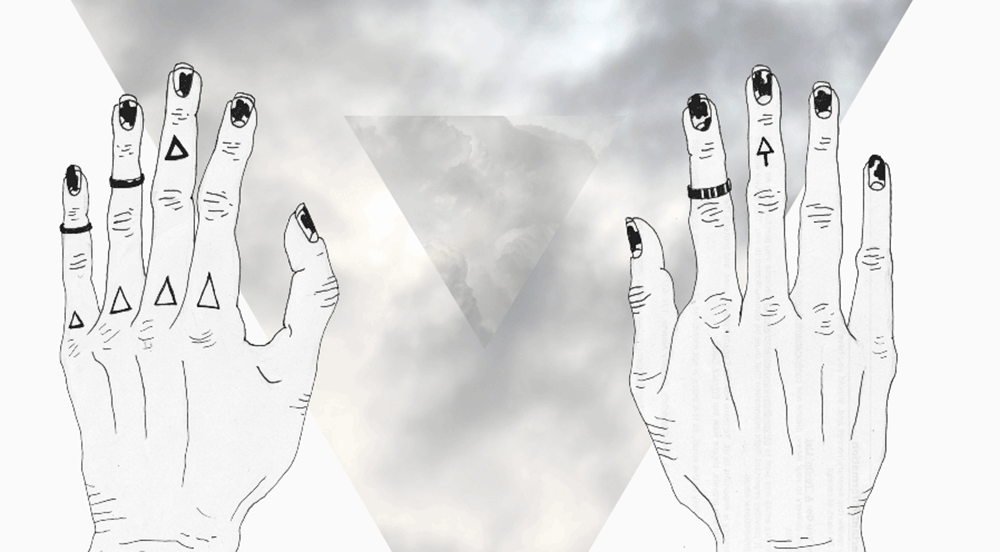Greyscale animation of two illustrated and gnarled, mystical looking hands moving over a triangle filled with a photo of clouds. The cloud triangle then zooms in to cover the whole animation.