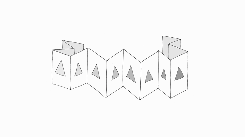 Greyscale animation of an unfolded concertina of paper with flashing grey triangles on each page