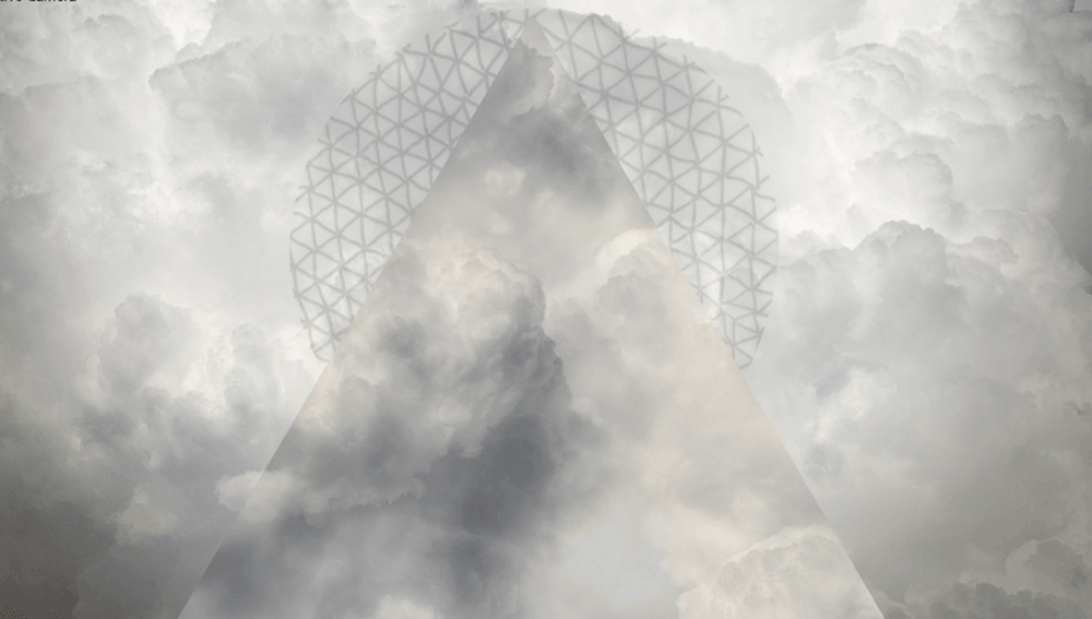 Grayscale animation of some motionless clouds with a triangle superimposed on top and an animated circular web of triangles appearing behind