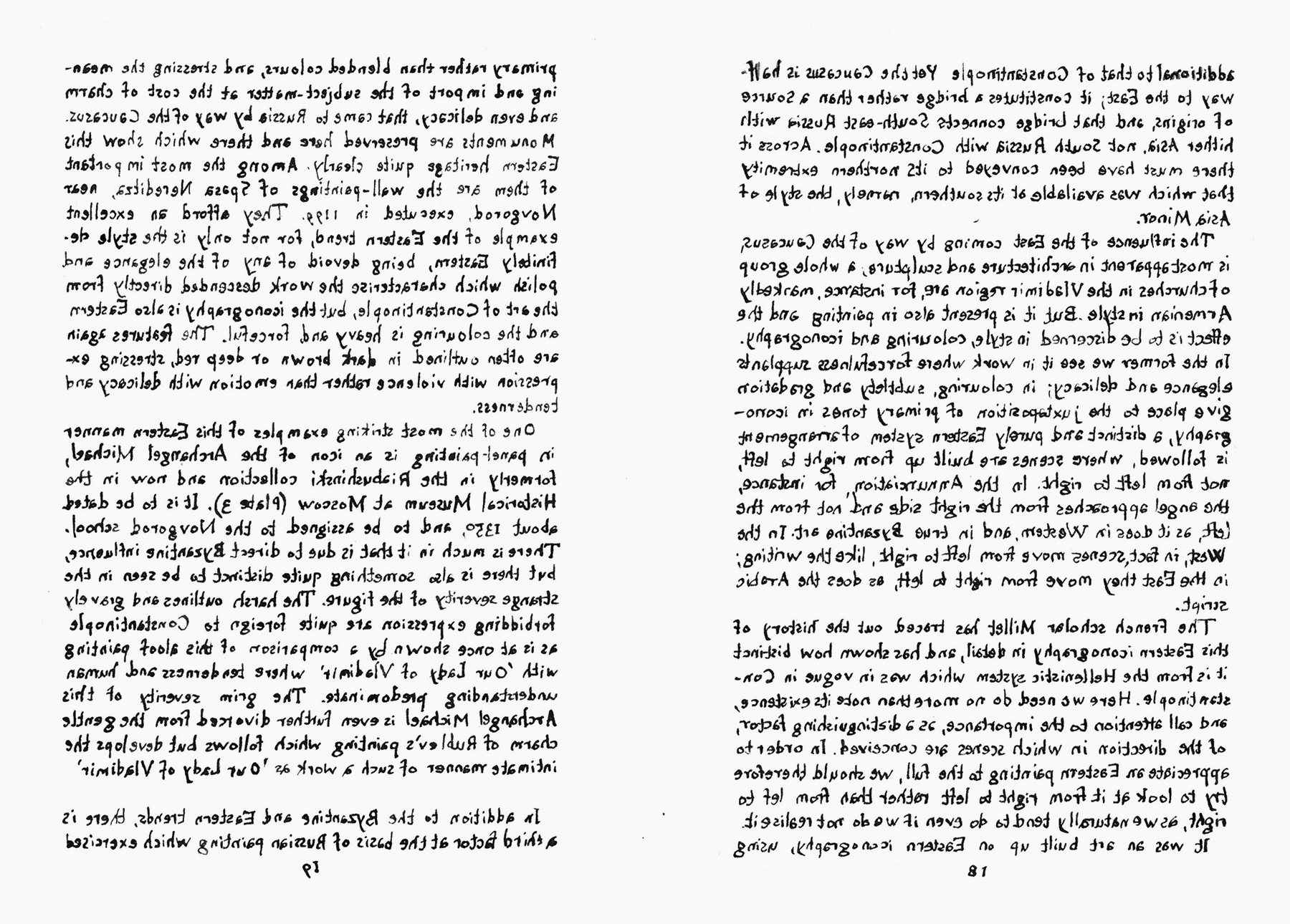 Two dense columns of handwritten black text. The text is barely legible on purpose: they are mirror image drawings of two pages from a novel.
