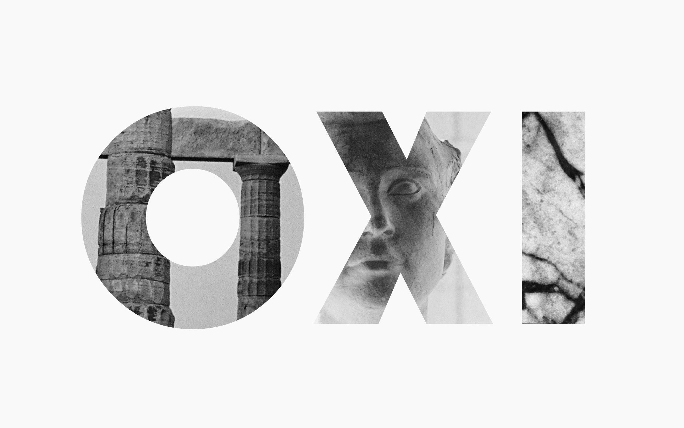 The word 'OXI' in all capitals on a white background. The letters are filled with black-and-white images associated with ancient Greece: the O shows two ancient columns, the X shows a classical statue's head, and the I is a marble pattern.