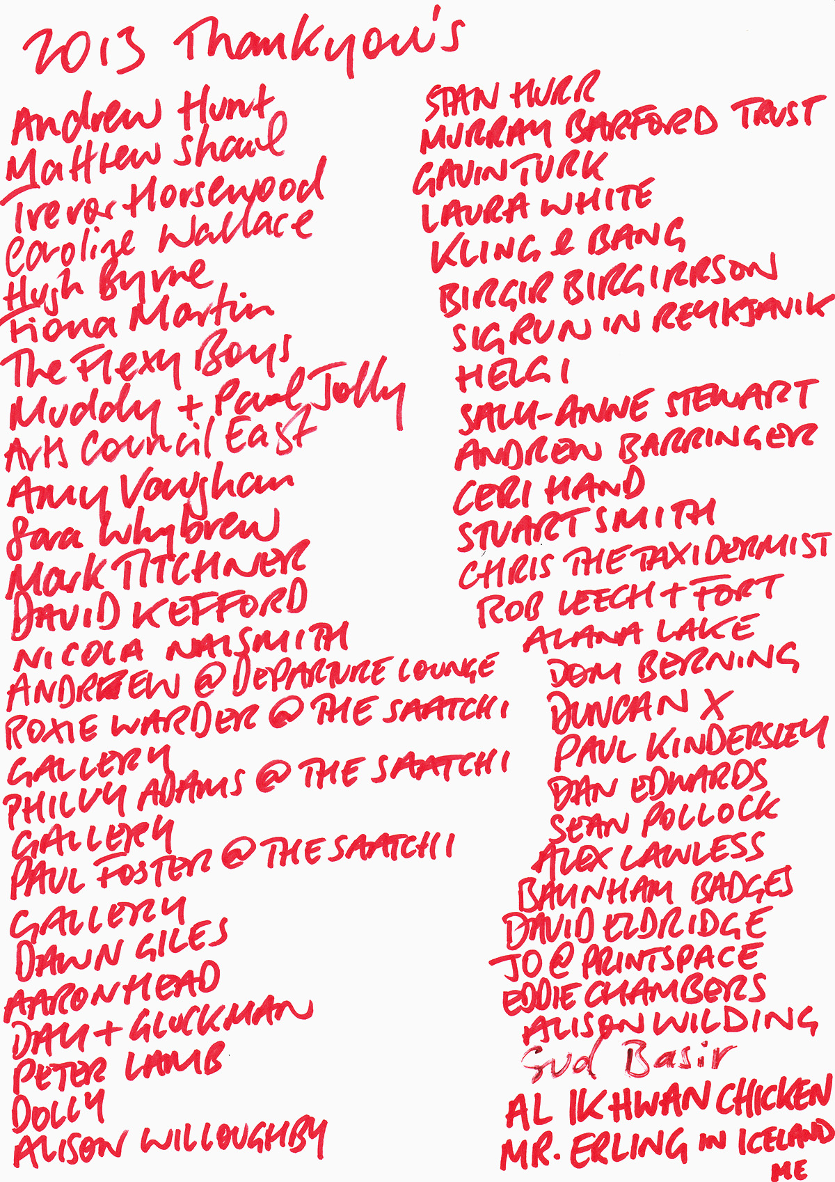Red text hand-written in all caps in a red felt tip pen, on a white page. The top reads '2013 Thankyous' and the rest is a list of people's names over two columns.