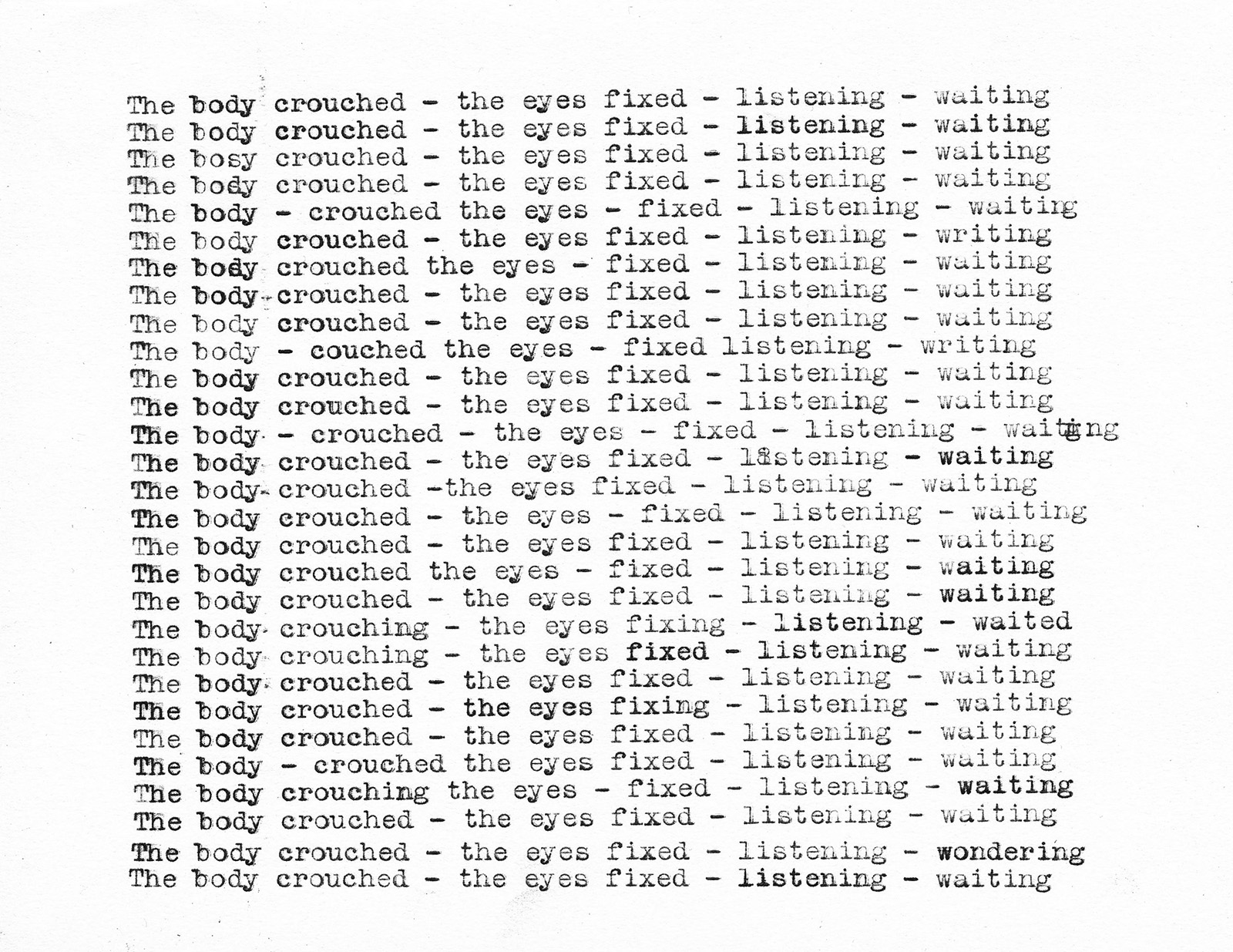 29 typewritten lines of text, each line reading almost the same thing, a variation on 'The body crouched - the eyes fixed - listening - waiting' or 'The body crouched - the eyes - fixed - listening - wondering'