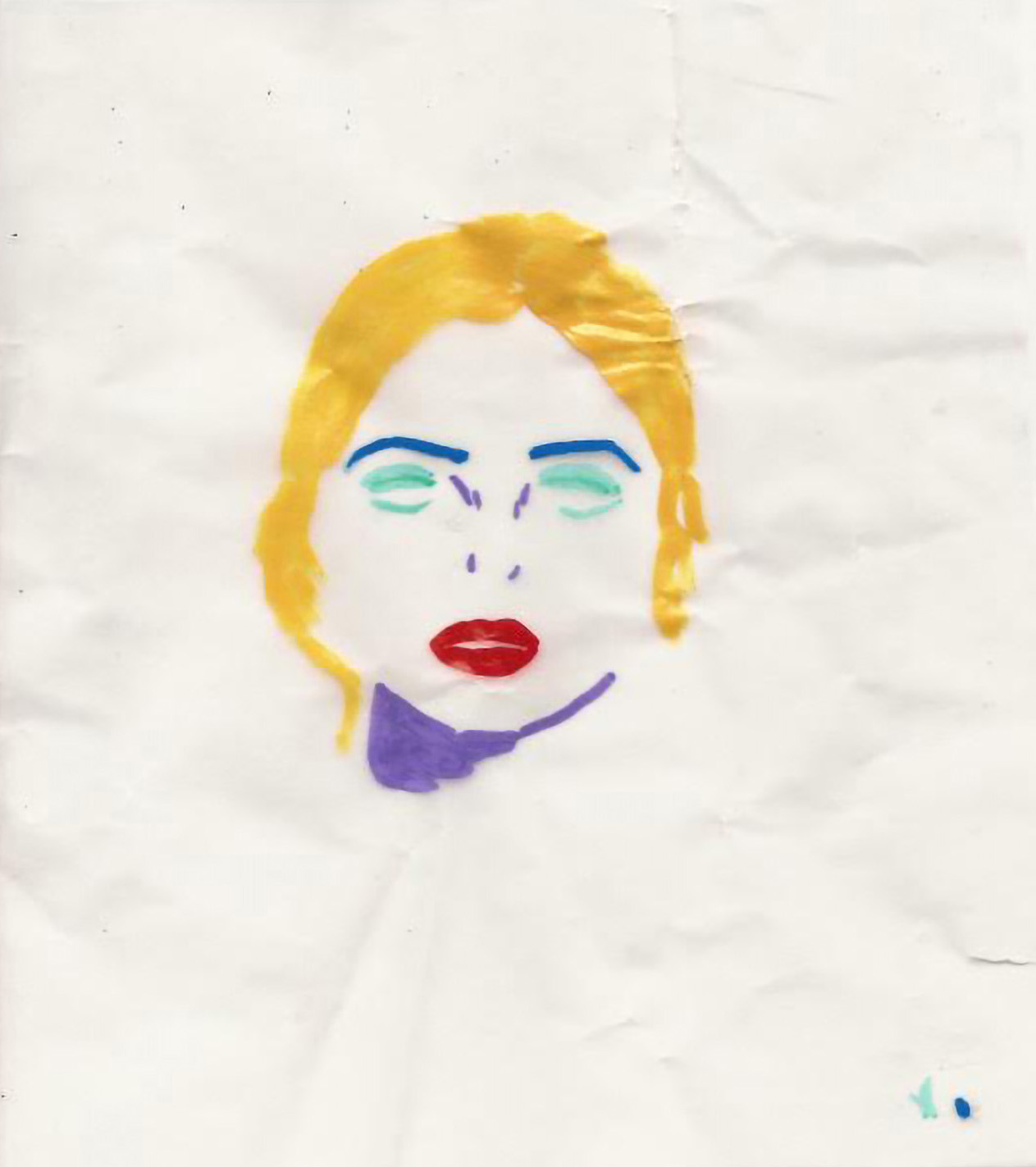 A drawing in ink on tracing paper. It is a link drawing of a woman's face, except only some features are visible as blocks of colour without features - yellow hair, blue eyebrows, green eyeshadow, red lips and a purple chin shadow'.