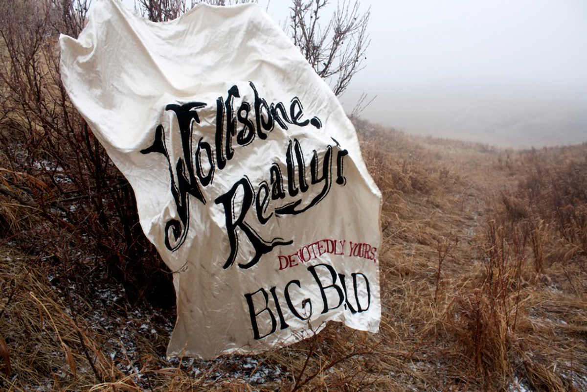 A photo of a scrubby, hilly, foggy countryside landscape in winter. All the vegetation is brown or dead. Spread across a big, leafless bush in the foreground is a large white sheet with the words 'Wolfsbane, really? Devotedly yours, BIG BAD' hand-painted onto it.