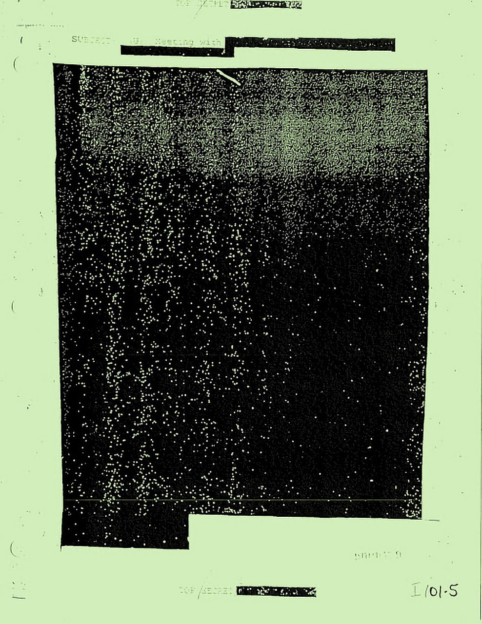 A scan of a paper document with the entirety of the content redacted with thick black lines'. The scan has been colourised light green