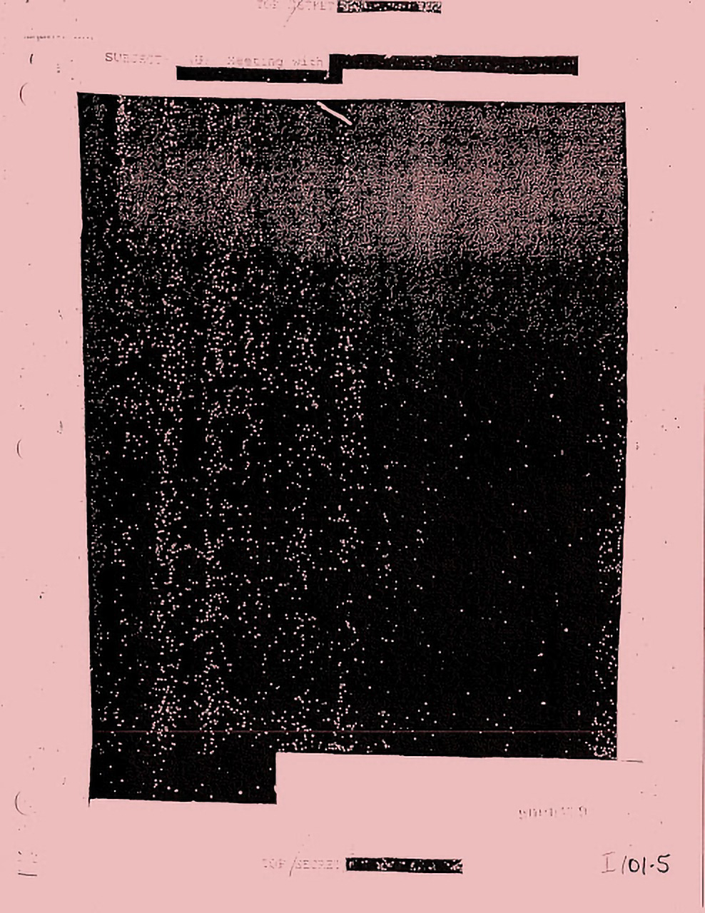 A scan of a paper document with the entirety of the content redacted with thick black lines'. The scan has been colourised pink