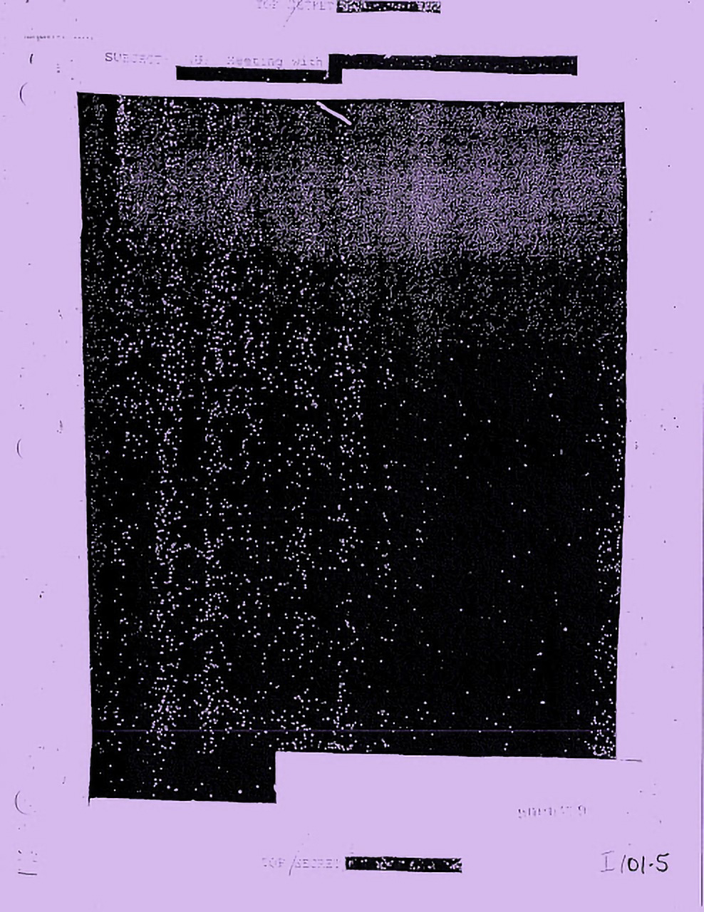 A scan of a paper document with the entirety of the content redacted with thick black lines'. The scan has been colourised bright purple