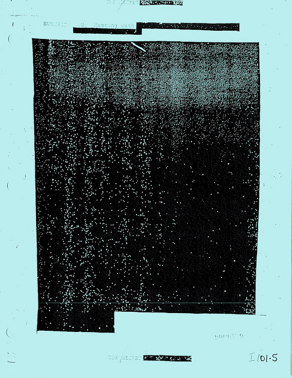 A scan of a paper document with the entirety of the content redacted with thick black lines'. The scan has been colourised bright blue