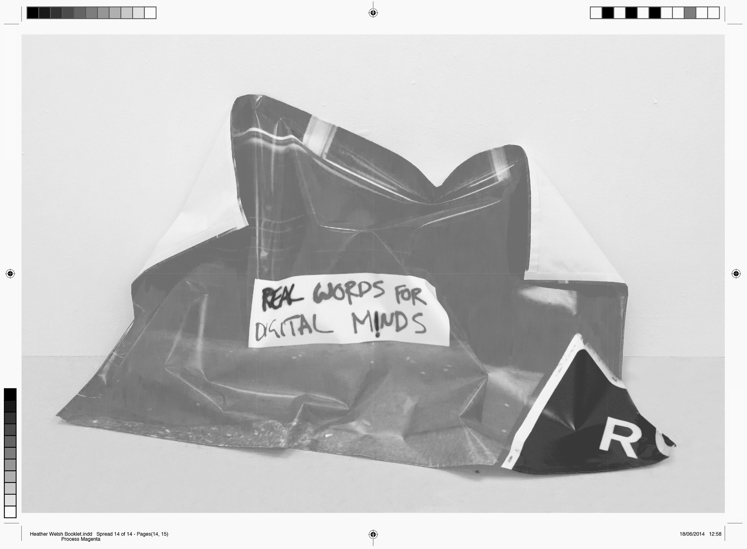 A photo in black and white showing what looks like a crumbled plastic sheet wiht an unknown image printed onto it and in the middle the words 'READ WORDS FOR DIGITAL MINDS'. Around the edge of the photo are print bleed marks and greyscale print colour references.