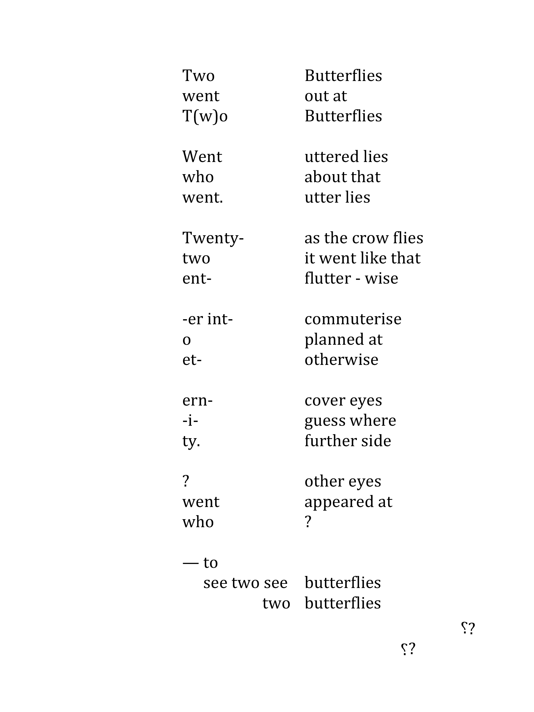 Two columns of text reading 'Two Butterflies went out at T(w)o Butterflies Went uttered lies who about that went utter lies Twenty- as the crow flies two it went like that ent- flutter-wise -er int- commuterise o planned as et- otherwise ern- cover eyes -i- guess where ty, further side ? other eyes went appeared at who ? - to see two see butterflies two butterflies' and underneath two pairs of question marks are shown, each with the first question mark flipped so that they resemble two butterflies