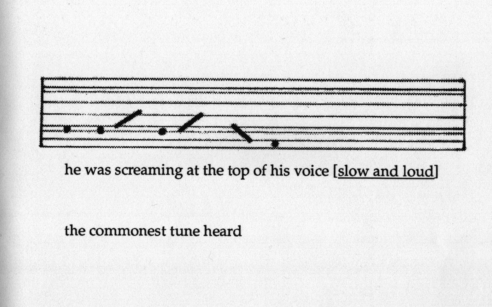 A scan of a printed page bearing a graphic and some text in black ink. The graphic resembles a short musical stave or some other visual conveying rhythm and sound. Text underneath to correspond with the graphic reads 'he was screaming at the top of his voice [slow and loud]' and text underneath that reads 'the commonest tune heard'