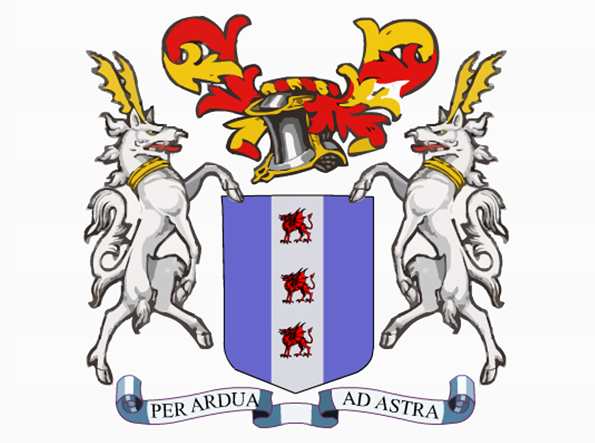 Digital painting of a colourful coat of arms with a purple shield with three red dragons on it, with two lion-horse hybrid mythological creatures either side of the shield and above a medieval armoured helmet with red and gold plumes. A scroll under the shield reads 'PER ARDURA AD ASTRA'