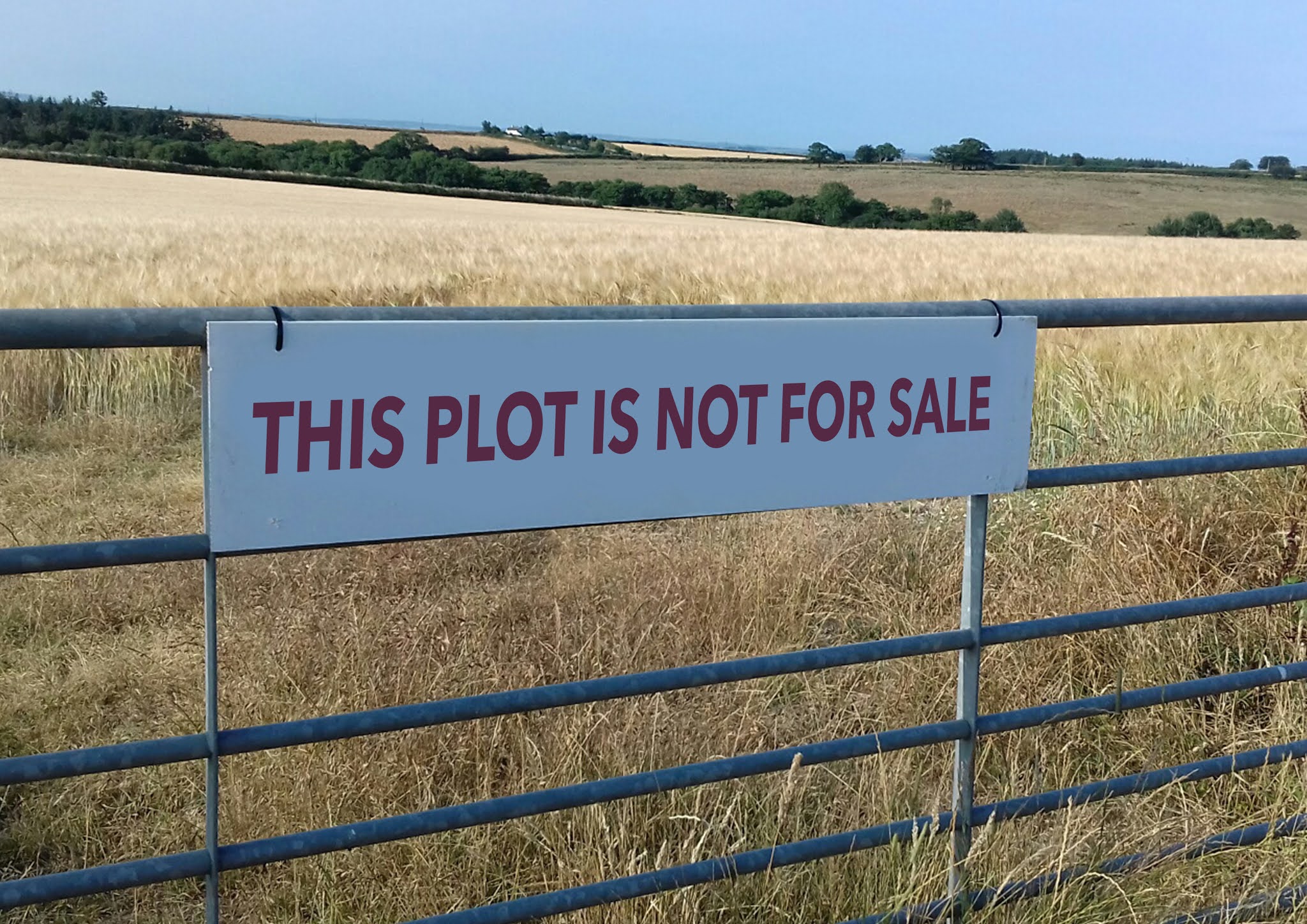 Photo of some rolling corn fields under blue skies, with hedges between them. The foreground shows a metal gate with a sign hanging on it reading 'THIS PLOT IS NOT FOR SALE'
