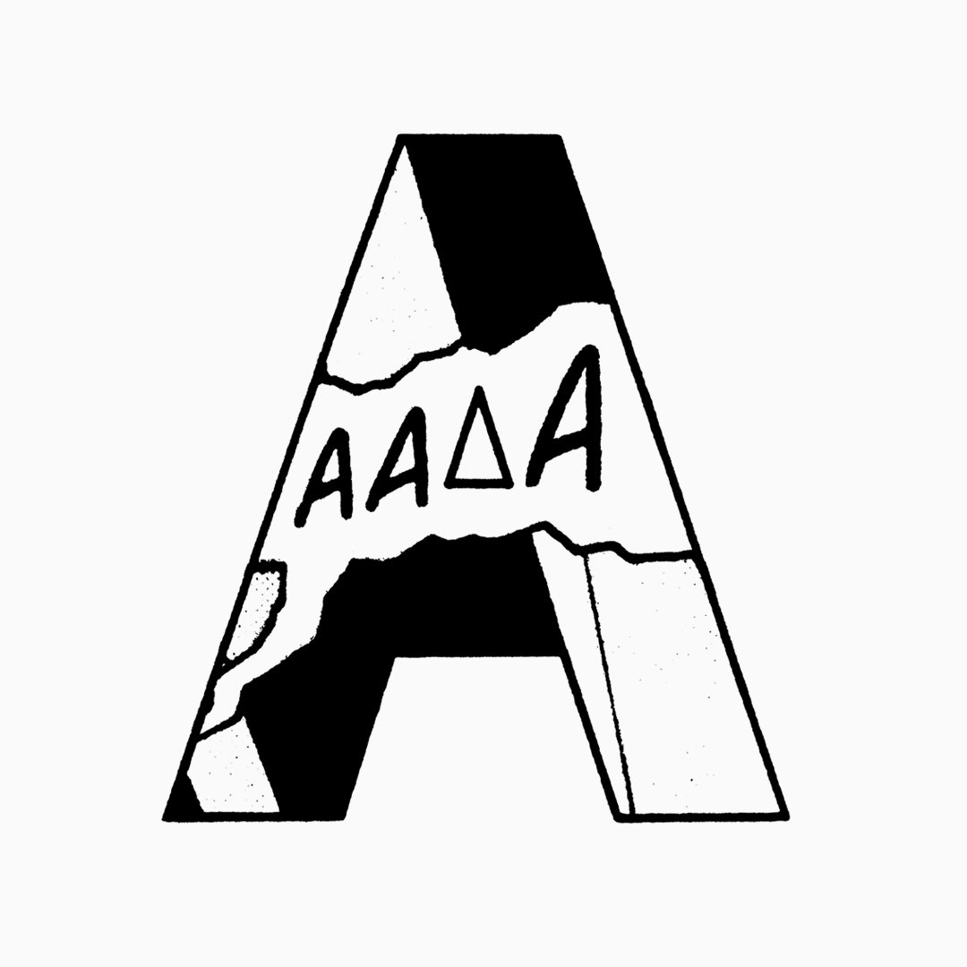 Capital block letter A in black and white with comics speech bubble across the centre with "A A [triangle] A" inside it. 