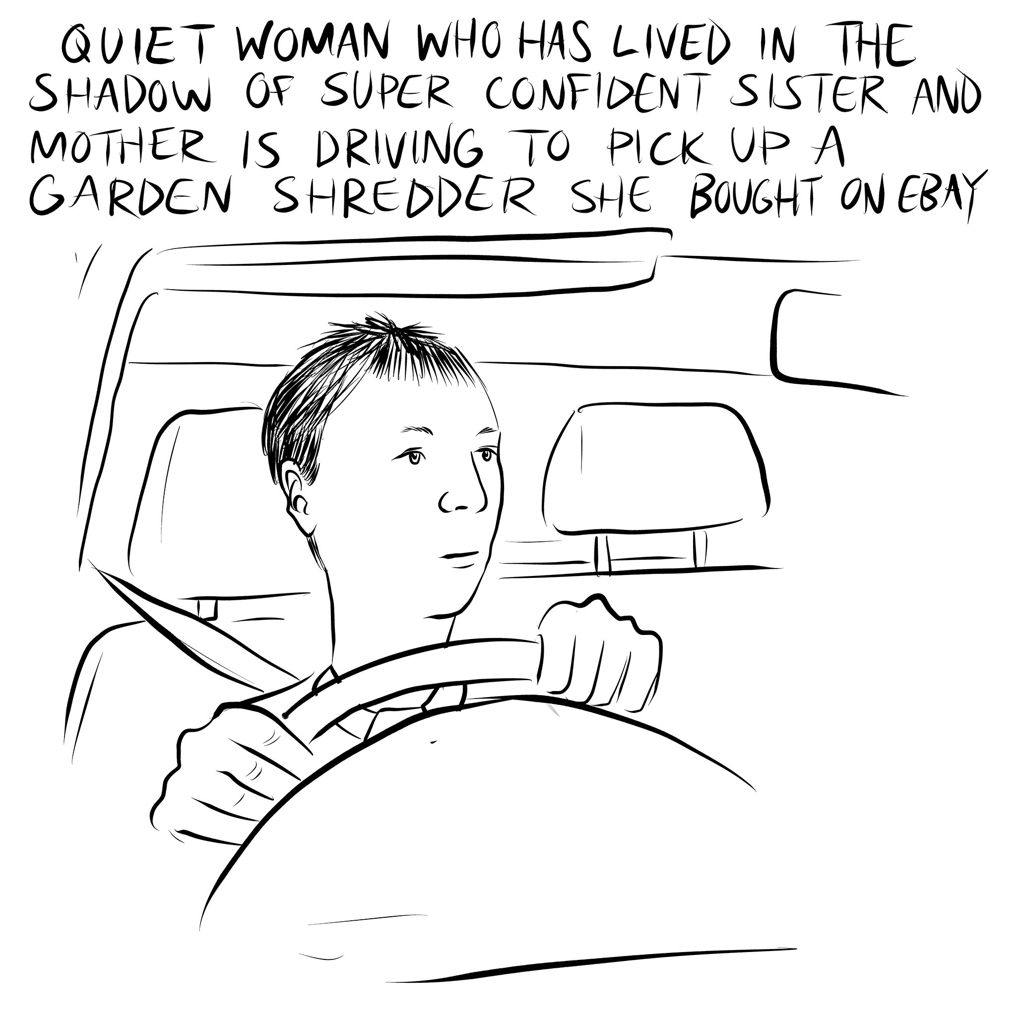 Line drawing of a woman with short hair and a blank expression driving a car. Handwritten text above reads 'Quiet woman who has lived in the shadow of super confident sister and mother is driving to pick up a garden shredder she bought on eBay'. Part of a story by Bedwyr Williams